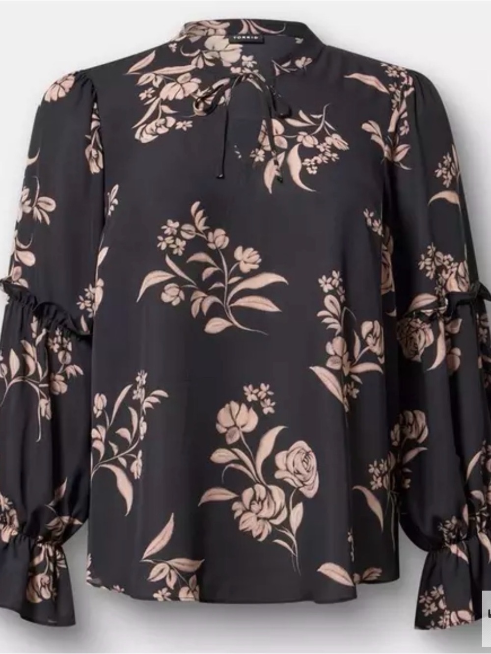 Torrid Women's Black/Beige Floral Split Neck Tie Ruffle Bell Sleeve Blouse Fall